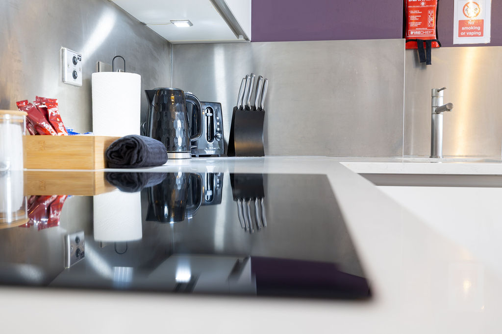 Kitchen countertop and appliances in the two bedroom Reading apartment