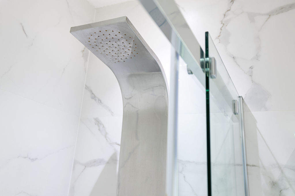 Walk-in shower detail in the three bedroom Reading apartment